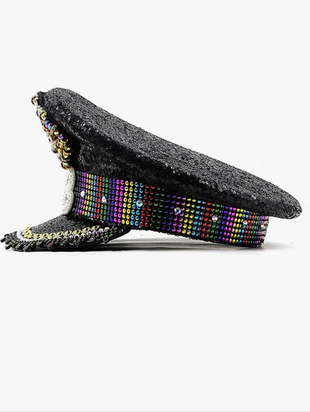 GRABAGECAN Black Sequin Captain Hat with Multicolor Rhinestones - Picture 2 of 4